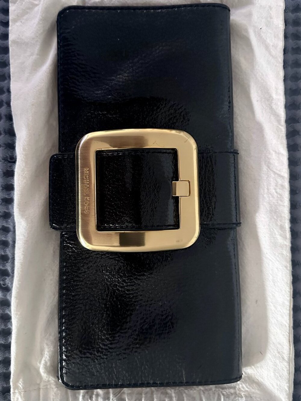 Michael Kors Black Patent Leather Clutch Gold Buckle NWOT
